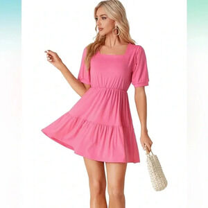 Women's Casual Square Neck Short Sleeve Flowy Relaxed Fit Short Mini Dress NWOT
